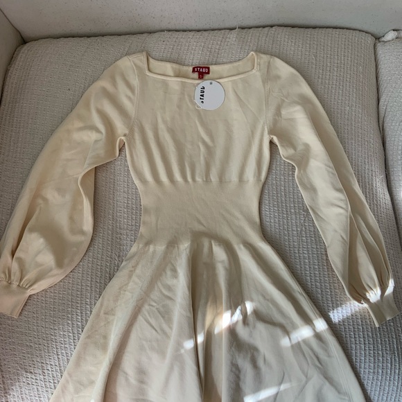 NWT New STAUD CLAUDE Sweater Knit Mini Long Sleeve DRESS Boat Neck BUTTERCREAM - Picture 10 of 12